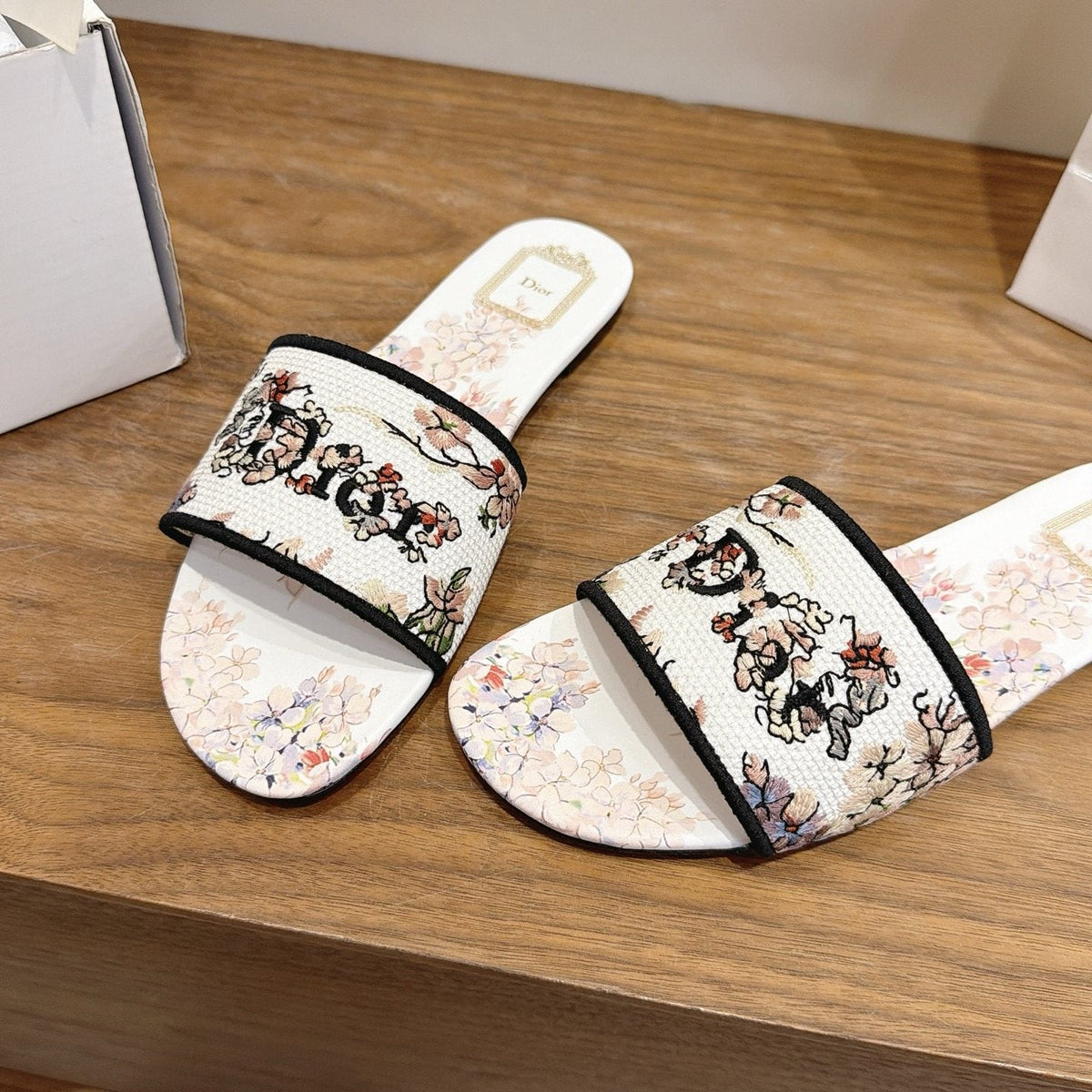 Dior Floral Embroidered Slide Sandals — front