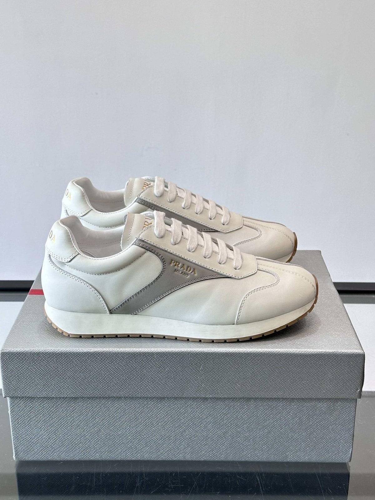 Prada White and Light Gray Sneakers — side