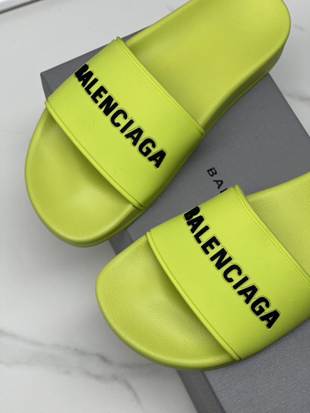 Balenciaga Neon Yellow-Green Slide Sandals — detail
