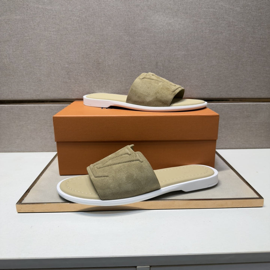 Louis Vuitton Khaki Monogram Slide Sandals — model