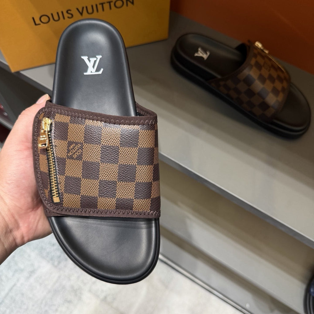 Louis Vuitton Checkered Zipper Slide Sandals — front