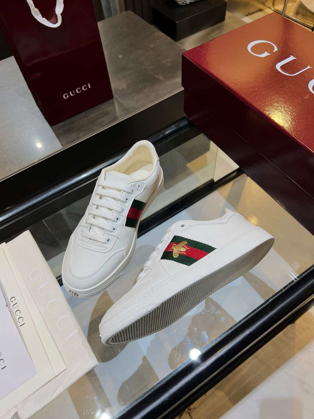 Gucci White Stripe Bee Low-Top Sneakers — side