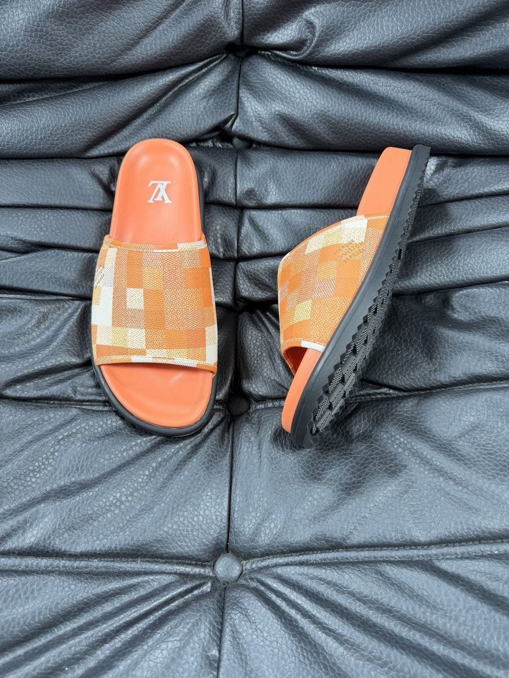 Louis Vuitton Slate Blue Checkered Slide Sandals — side