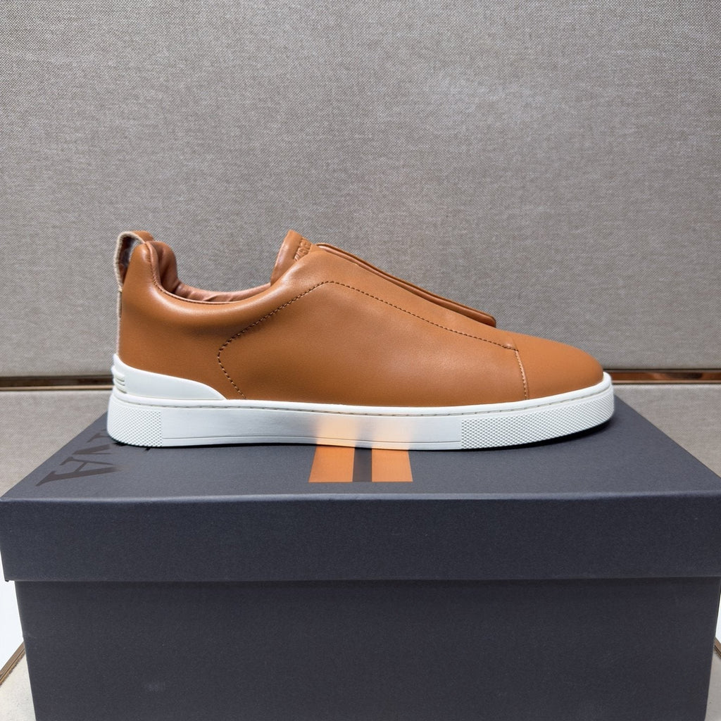 ZEGNA Brown Leather Slip-On Sneakers — hero