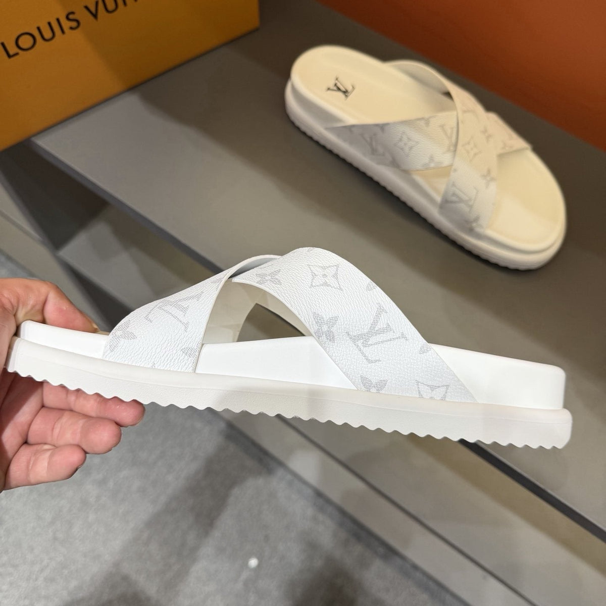 Louis Vuitton Light Gray Crossover Slide Sandals — model